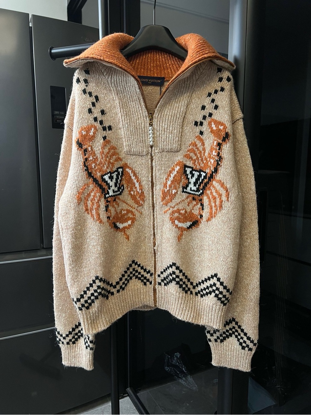Louis Vuitton Beige and Rust Zip-Up Knit Cardigan